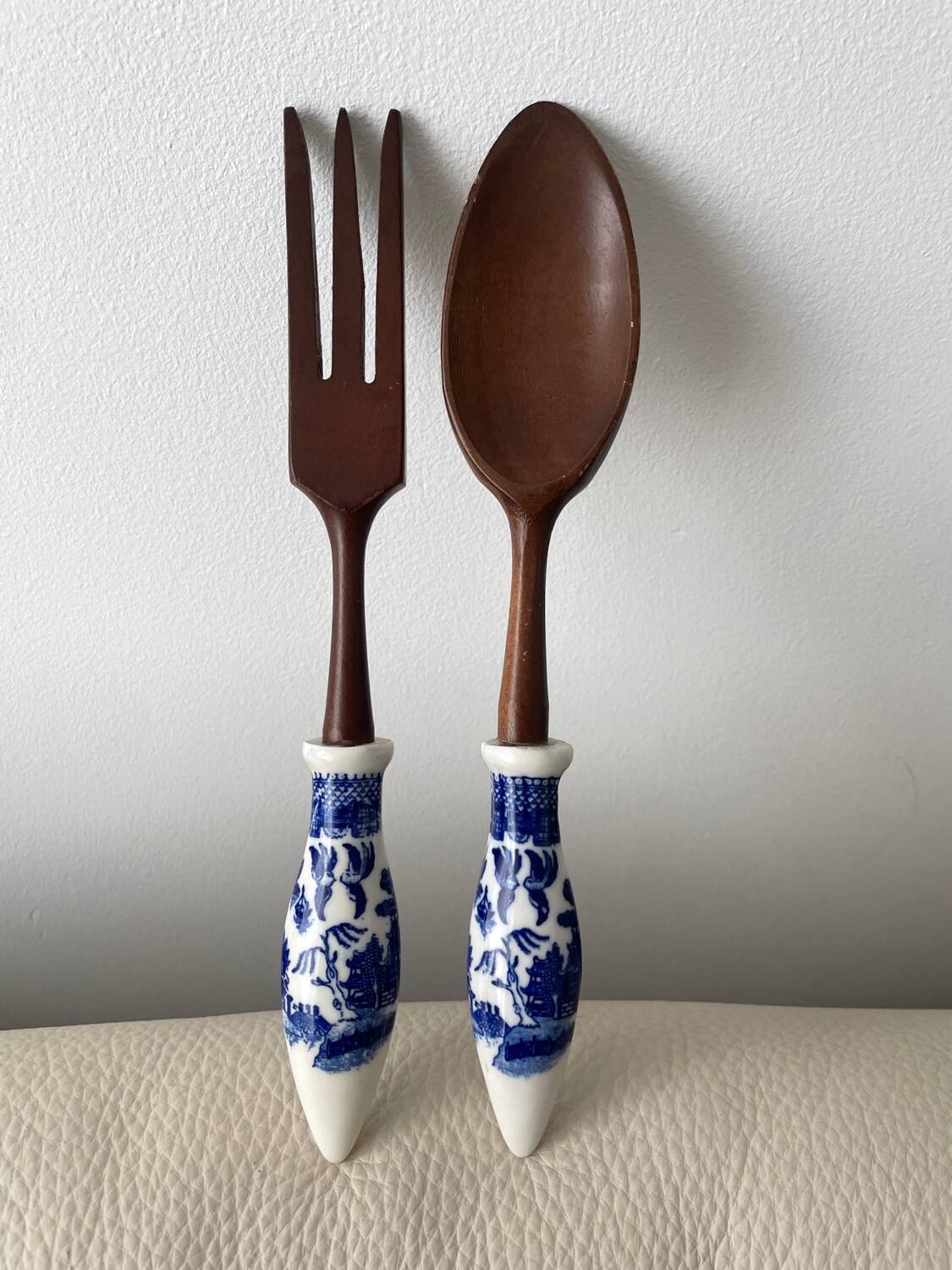 Service à salade vintage en bois et porcelaine Blue Willow