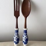 Service à salade vintage en bois et porcelaine Blue Willow