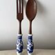 Service à salade vintage en bois et porcelaine Blue Willow
