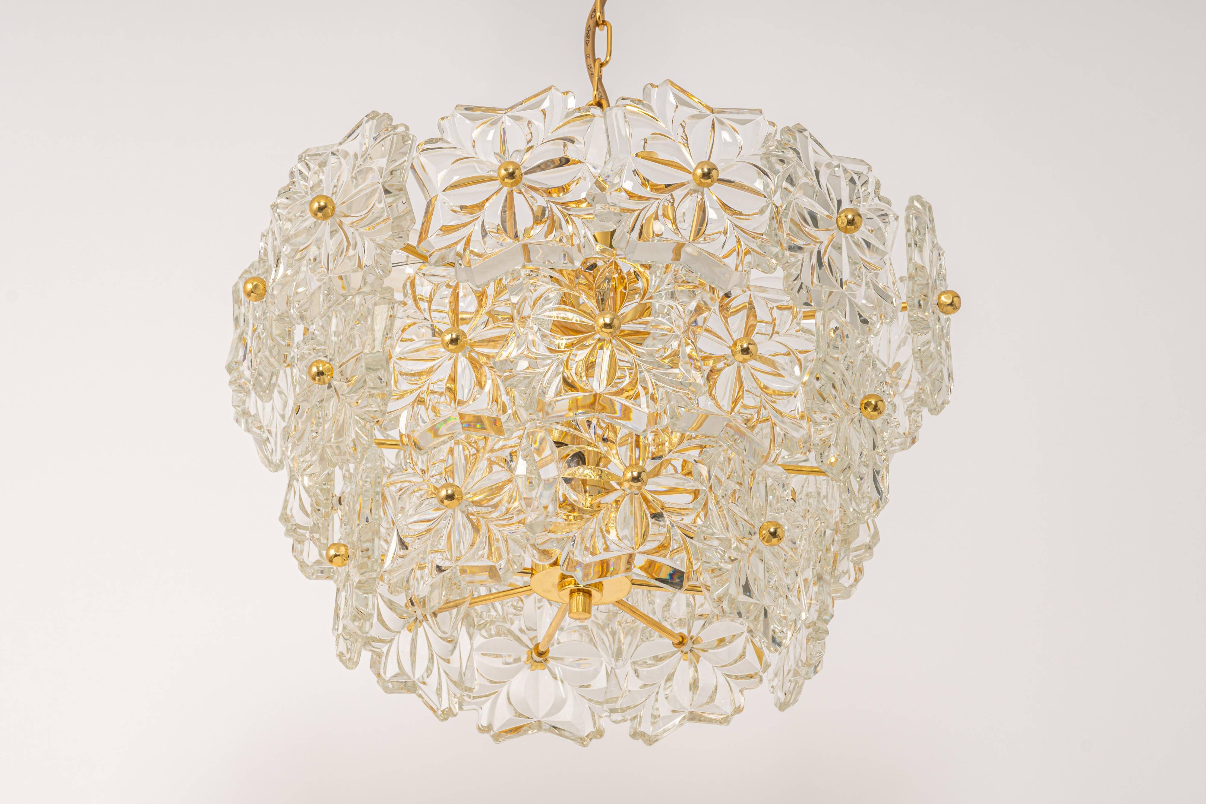 Chandelier in gilded brass and crystal glass, Germany, 1970s