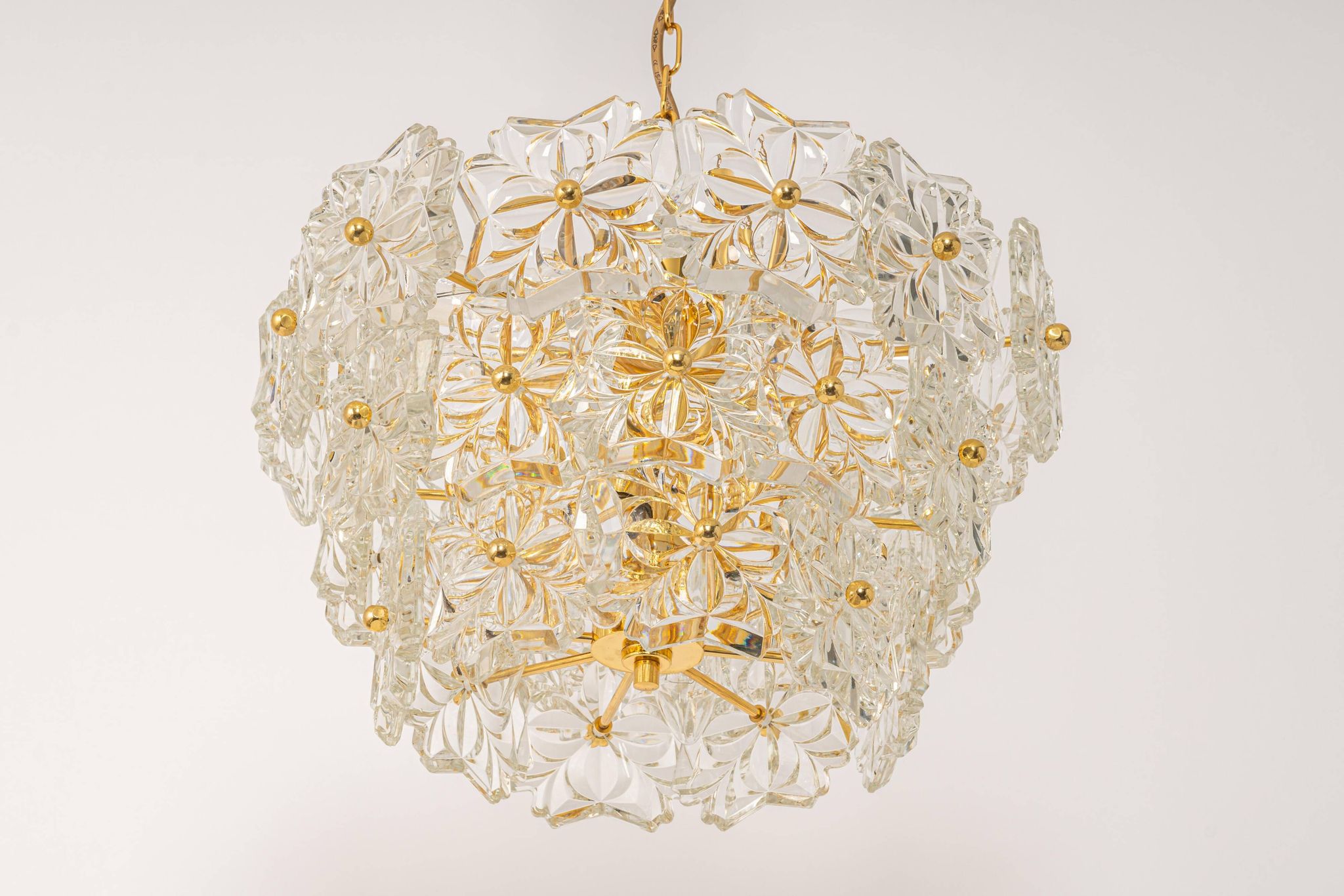 Chandelier in gilded brass and crystal glass, Germany, 1970s