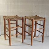 High stool in solid wood and straw - mid. 20th century