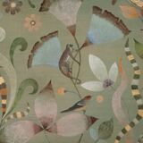 Canvas painted with a decor of lemurs, birds, and flowers. Contemporary.