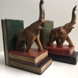 Pair of vintage carved wooden elephant bookends