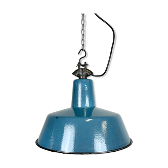 Lampe d’usine en émail bleu industriel avec plateau en fonte, années 1960