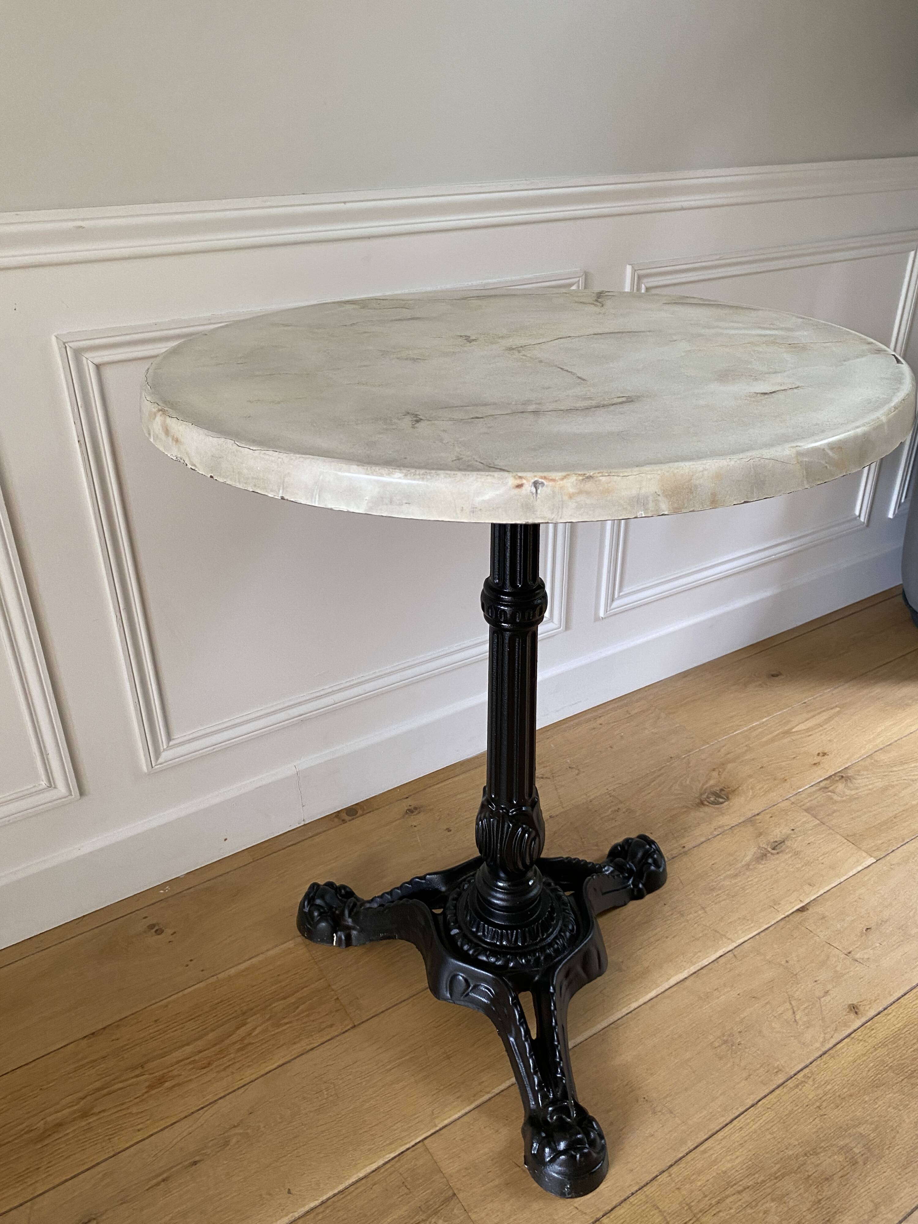 Bistro table, vintage side table, cast iron legs, imitation resin top