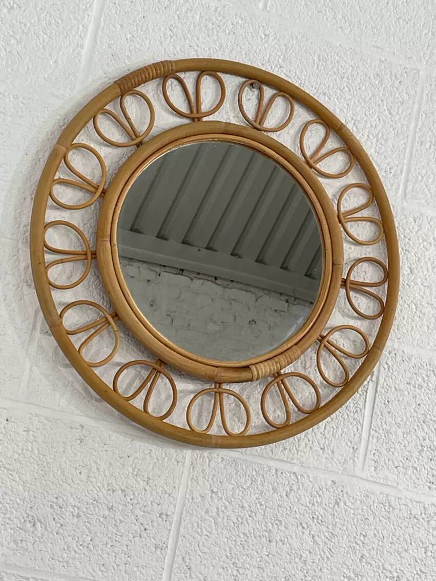 1950s round mirror in bamboo and rattan