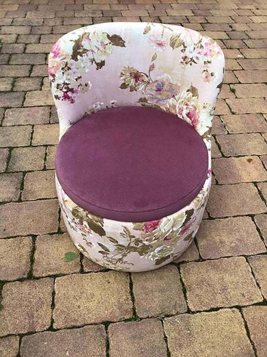 Mid-century 1970s frog chair in multicoloured floral fabric - plum seat.