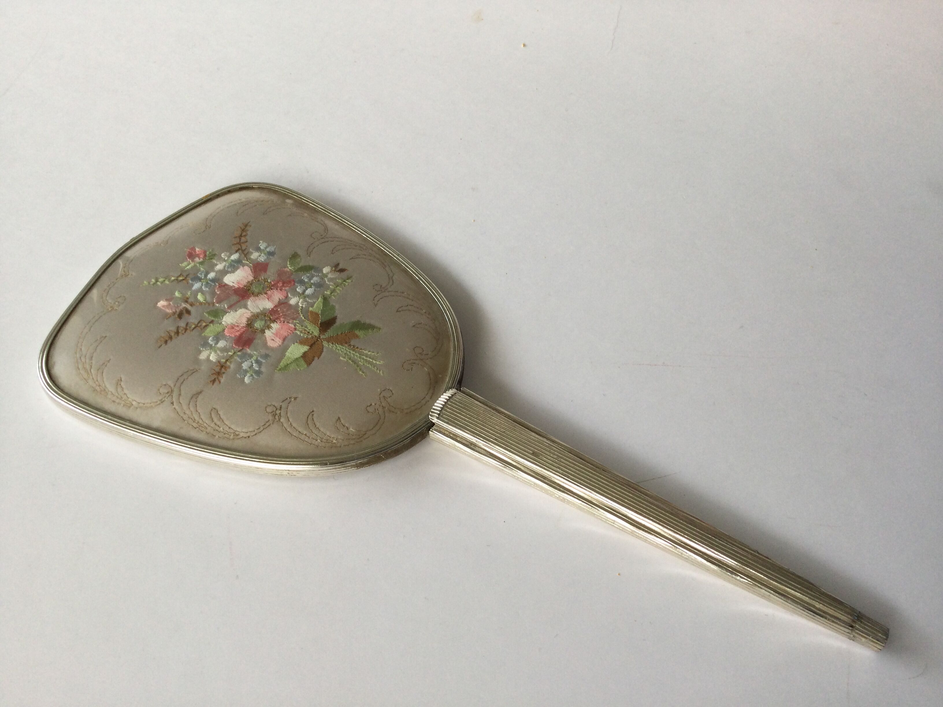 Vintage hand mirror embroidered fabric 30x13cm