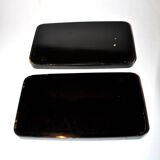 Set of two brown and black Chinese lacquer trays with bird decor