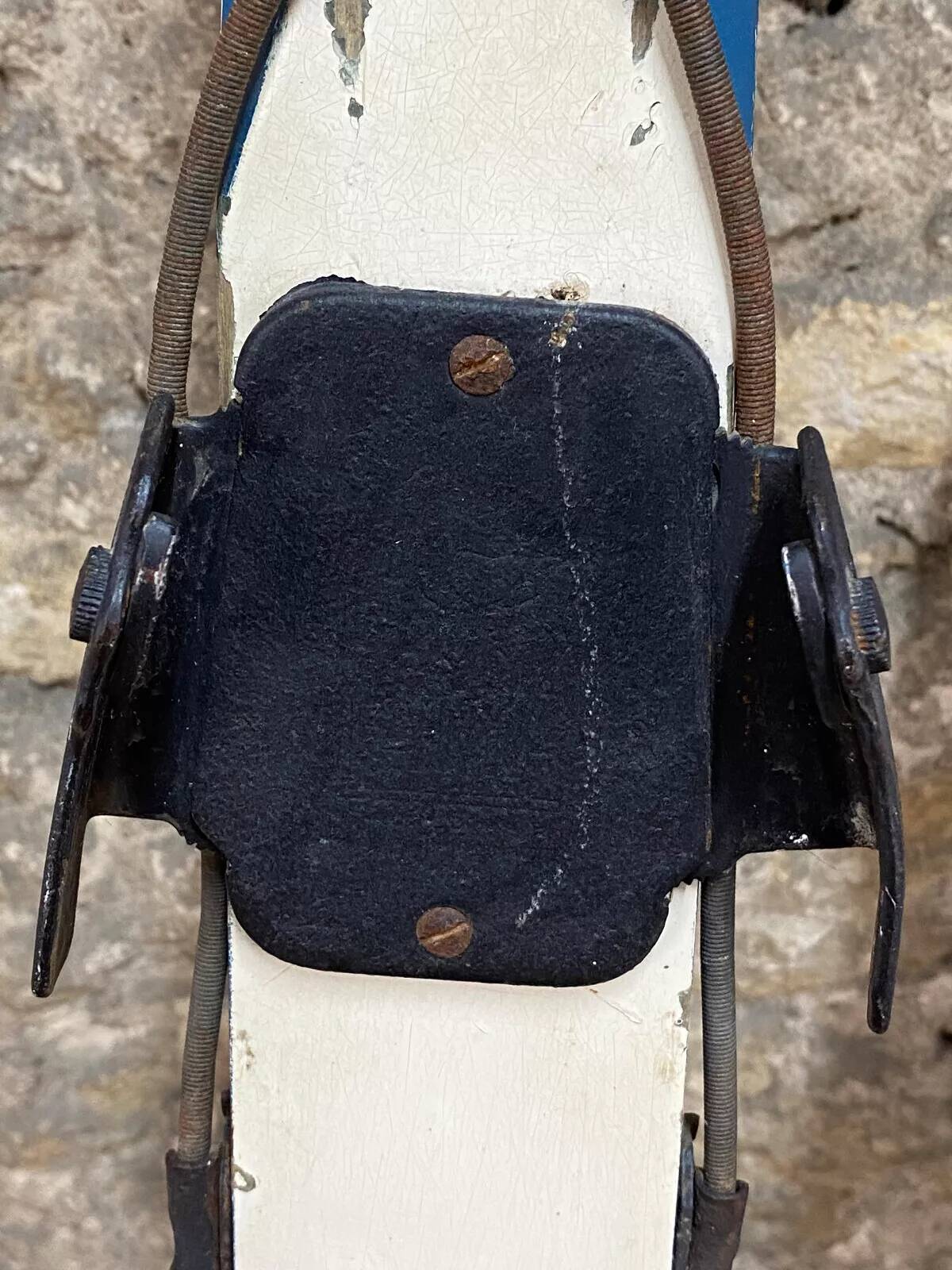 Old Pair of Vintage Blue & White Wooden Skis Mountain Chalet Decor - 218 cm