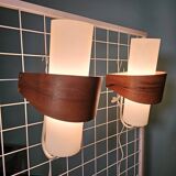 Louis kalff (1897-1976) for philips, pair of nx40 wall lights in wood, opaline glass, and lacquered metal,