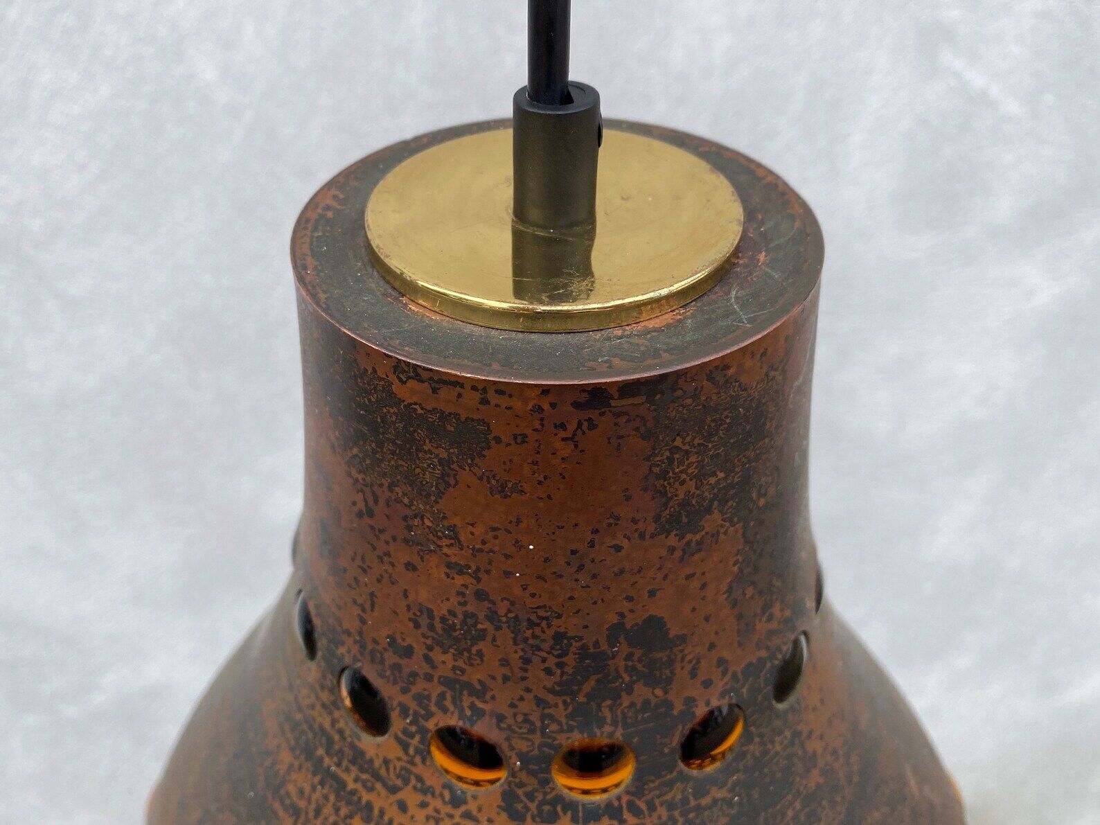 Mid Century caged glass & copper hanging lamp / pendant