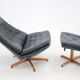 Madsen and Schubell Black Leather Reclining Chair and Stool, Denmark 1960