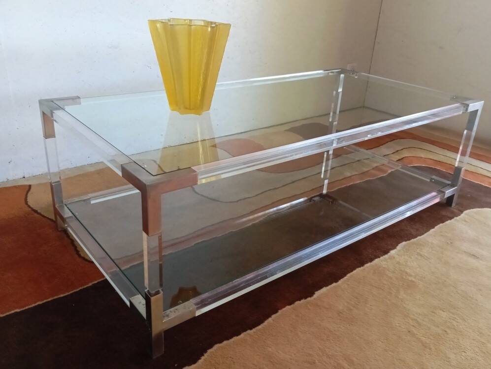 80s Lucite, Glass and Metal Coffee Table
