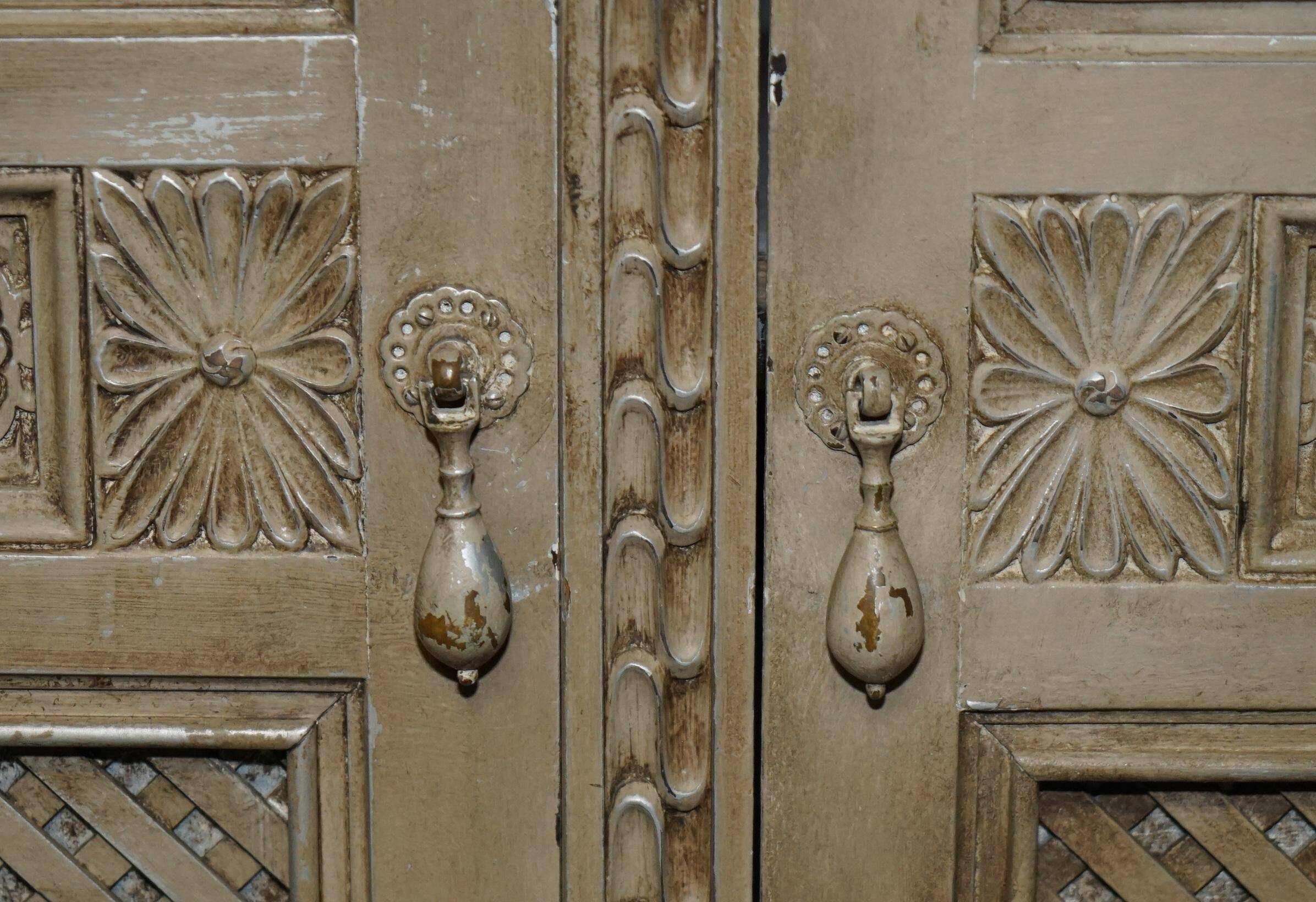 Jacobean Revival armoire, hand-carved, painted - 1840-1860
