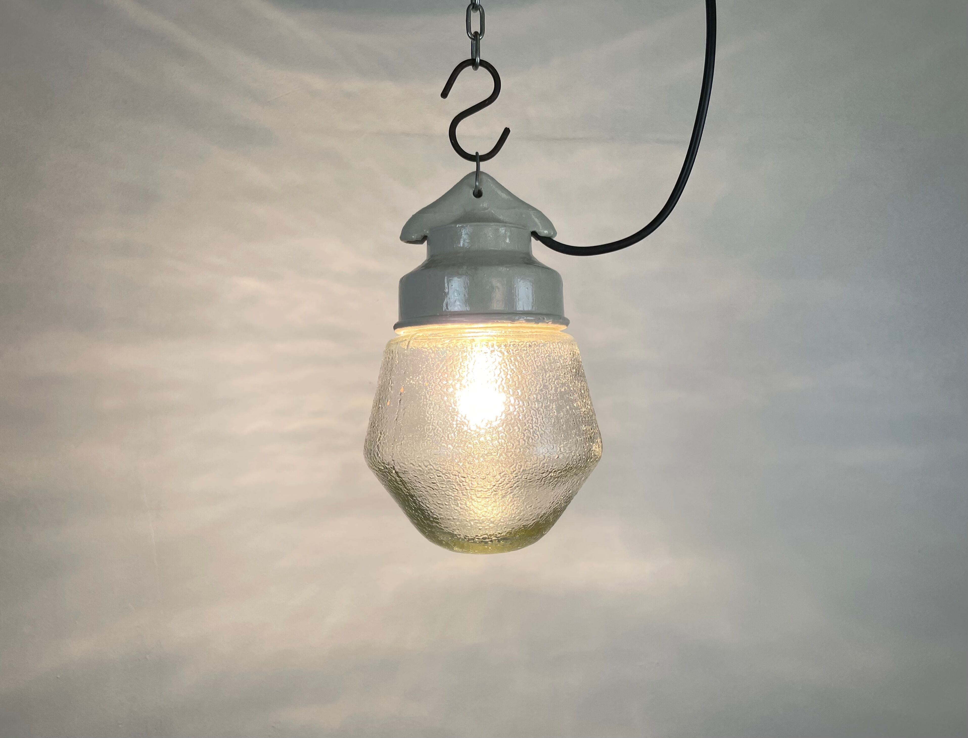 Industrial White Porcelain Pendant Light with Frosted Clear Glass, 1970s