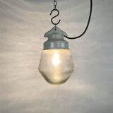 Industrial White Porcelain Pendant Light with Frosted Clear Glass, 1970s