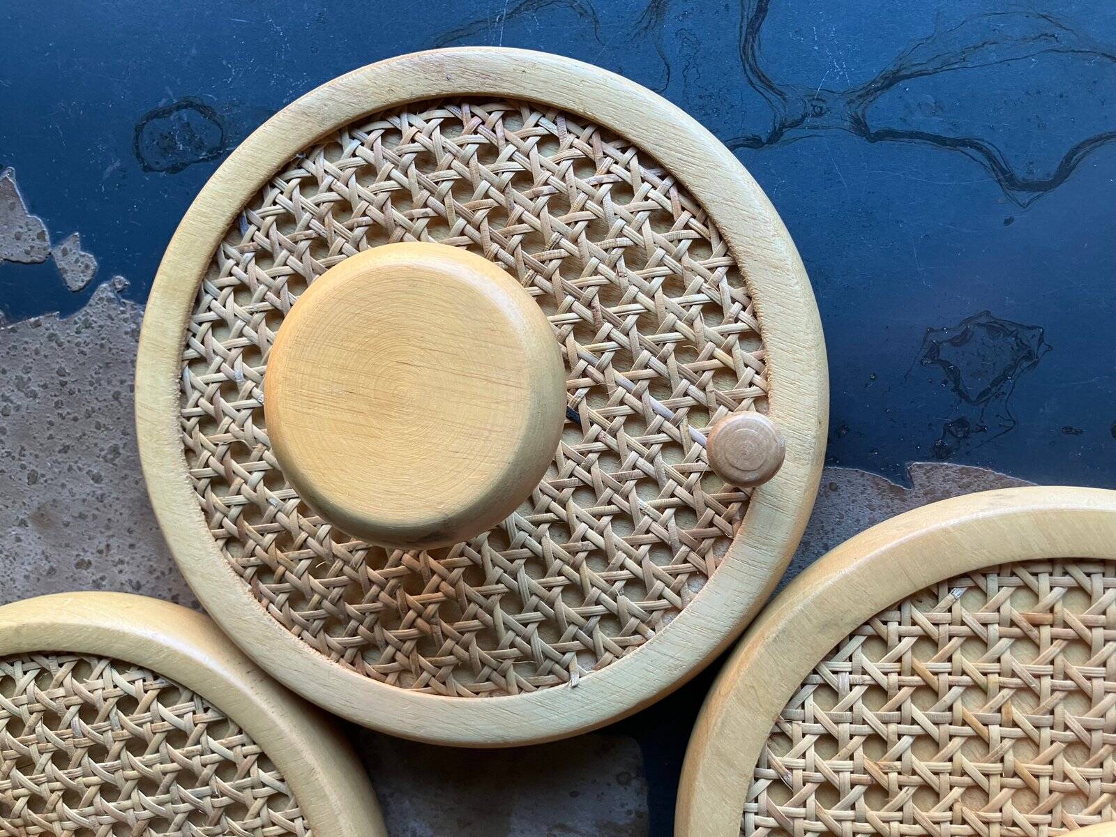 Coat Wall Hooks in Wood and Woven Cane, 1960s, Set of 2