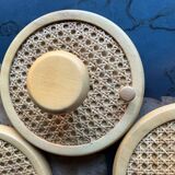 Coat Wall Hooks in Wood and Woven Cane, 1960s, Set of 2