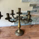 Pair of large 5-light candlesticks in patinated brass, classical style.