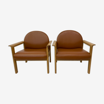 Set of 2 lounge armchairs in leather 1970s
