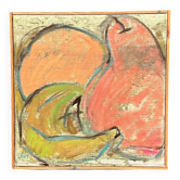 Huile sur toile originale suédoise – « La Banane Verte » par Lars Karngård (1950–2010) – 1984 – Vintage et encadrée