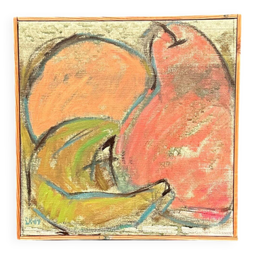 Huile sur toile originale suédoise – « La Banane Verte » par Lars Karngård (1950–2010) – 1984 – Vintage et encadrée