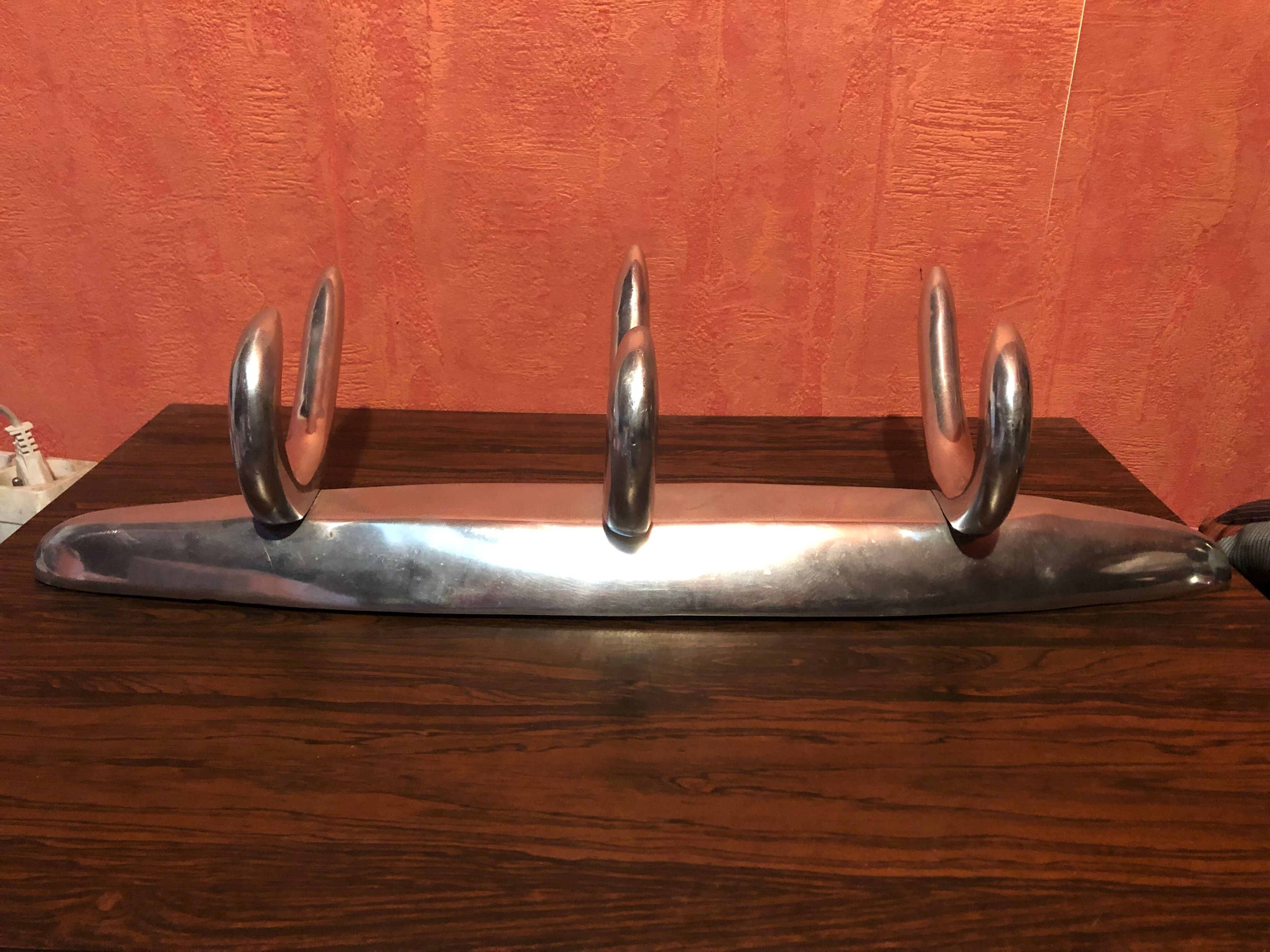 Old wall coat rack 3 patères doubles metal chrome design vintage