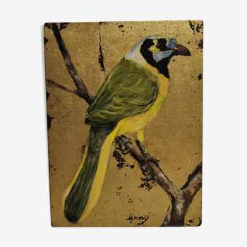 small vintage painting signed ANNY, bird painted on a golden / GOLD background.
