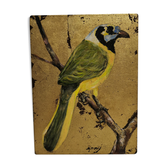 small vintage painting signed ANNY, bird painted on a golden / GOLD background.