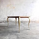 Mid-century wooden coffee table with golden metal legs and black-lined tabletop, 1950s