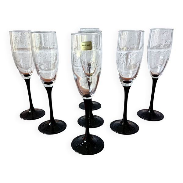 7 Flûtes Luminarc Domino verre à pied noir opale trempée vintage