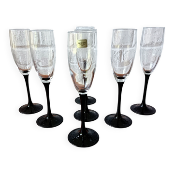 7 Flûtes Luminarc Domino verre à pied noir opale trempée vintage