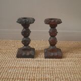 Pair of carved wood candlesticks iron nails handcrafted brutalist design candlesticks