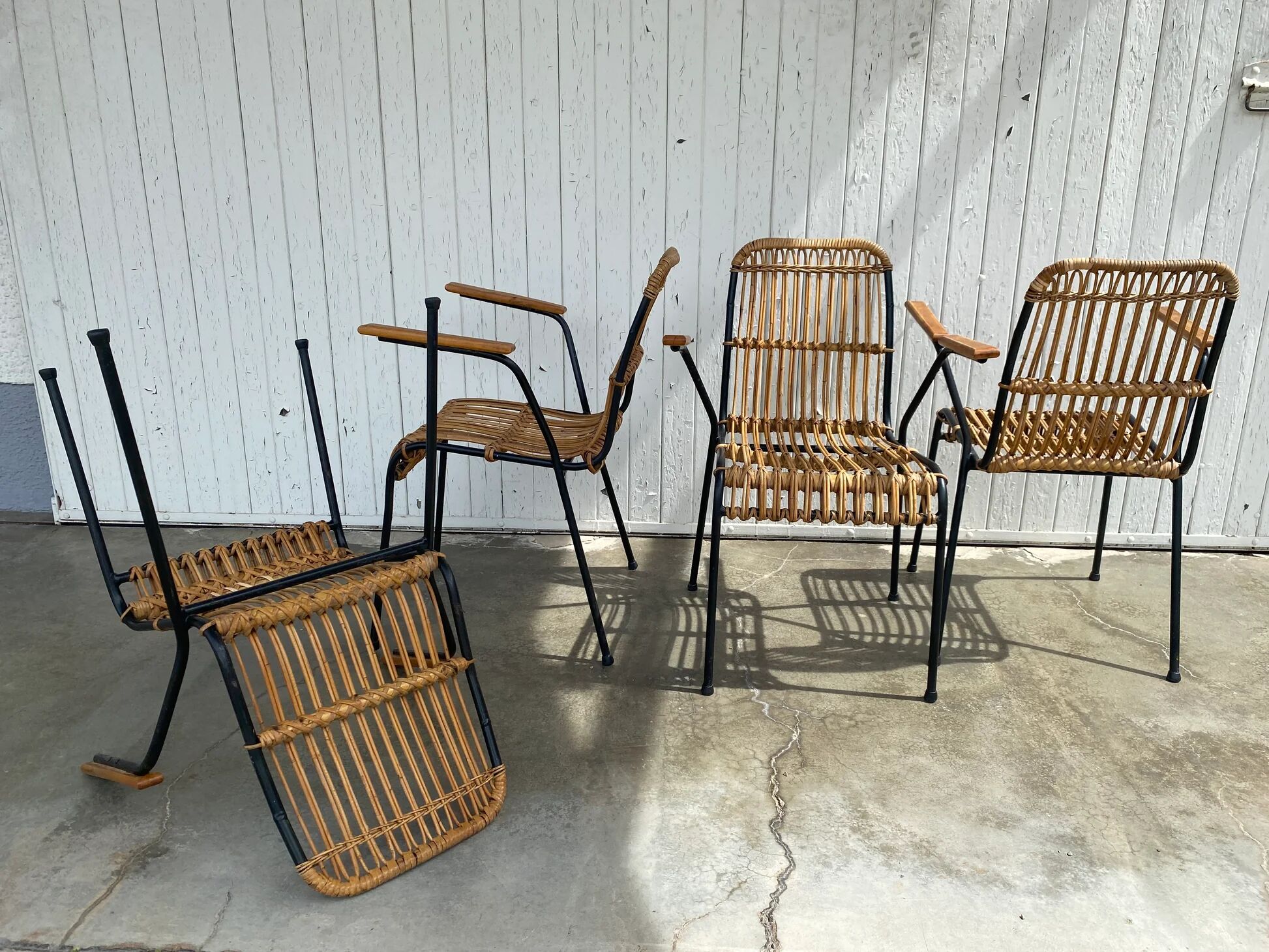 Set of 4 vintage rattan and bamboo chairs by Schumacher, Belgium 1950s.