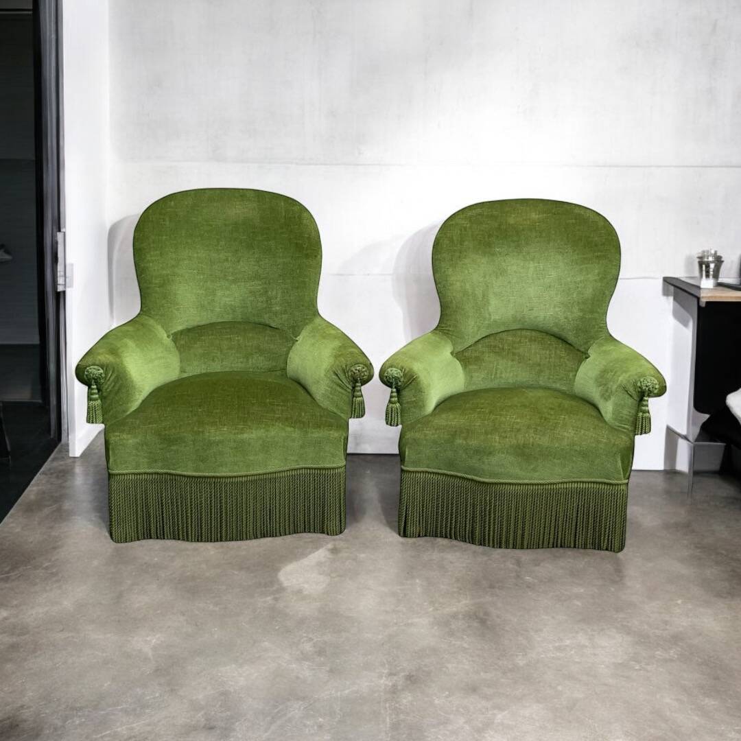 Pair of olive green velvet toad armchairs