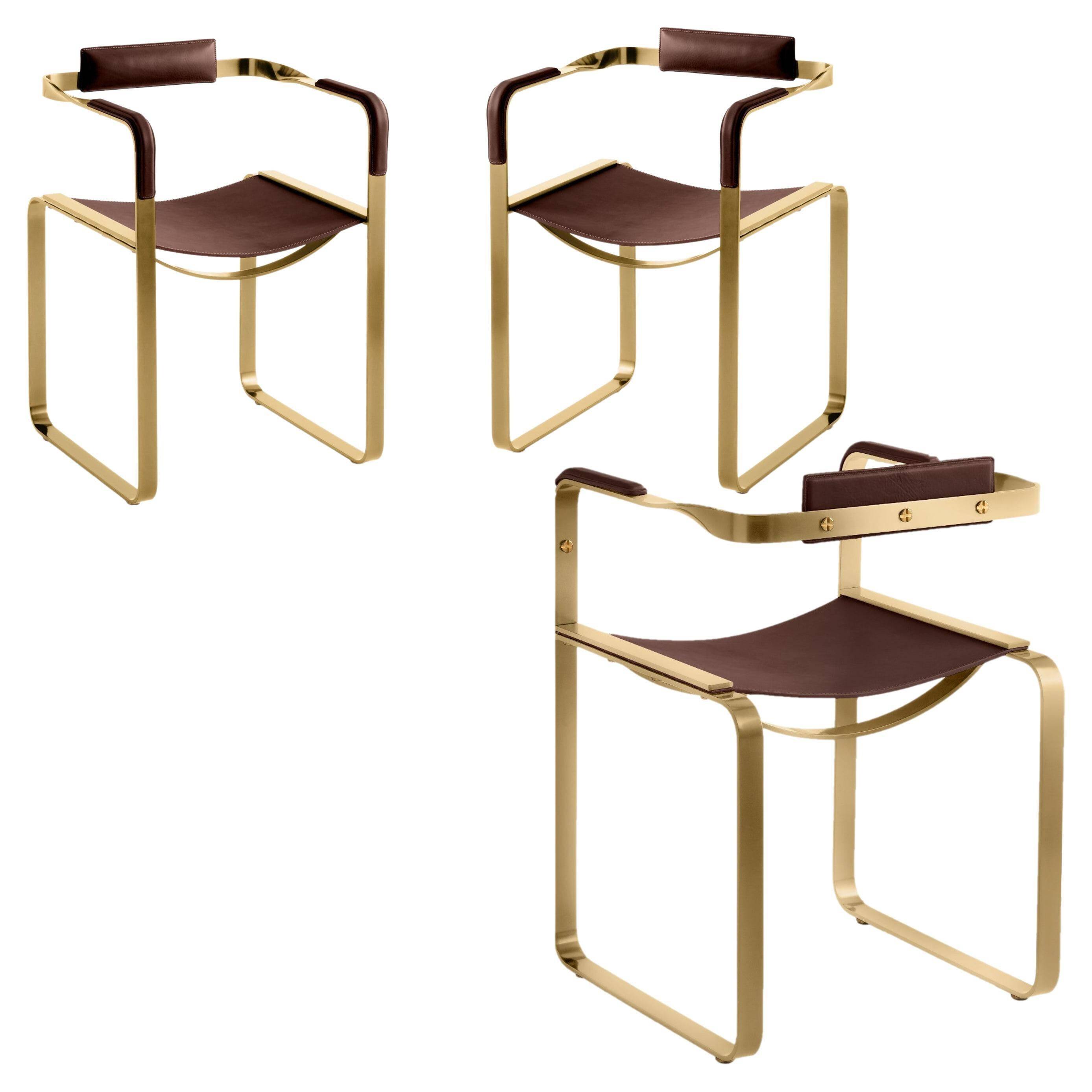 Set of 3 Armchairs, Aged Brass Steel and Dark Brown Leather, Contemporary Style