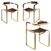 Set of 3 Armchairs, Aged Brass Steel and Dark Brown Leather, Contemporary Style