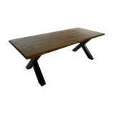 Table in light solid oak, vitrified, for 8, 10, 12 people comfort with metal legs in X