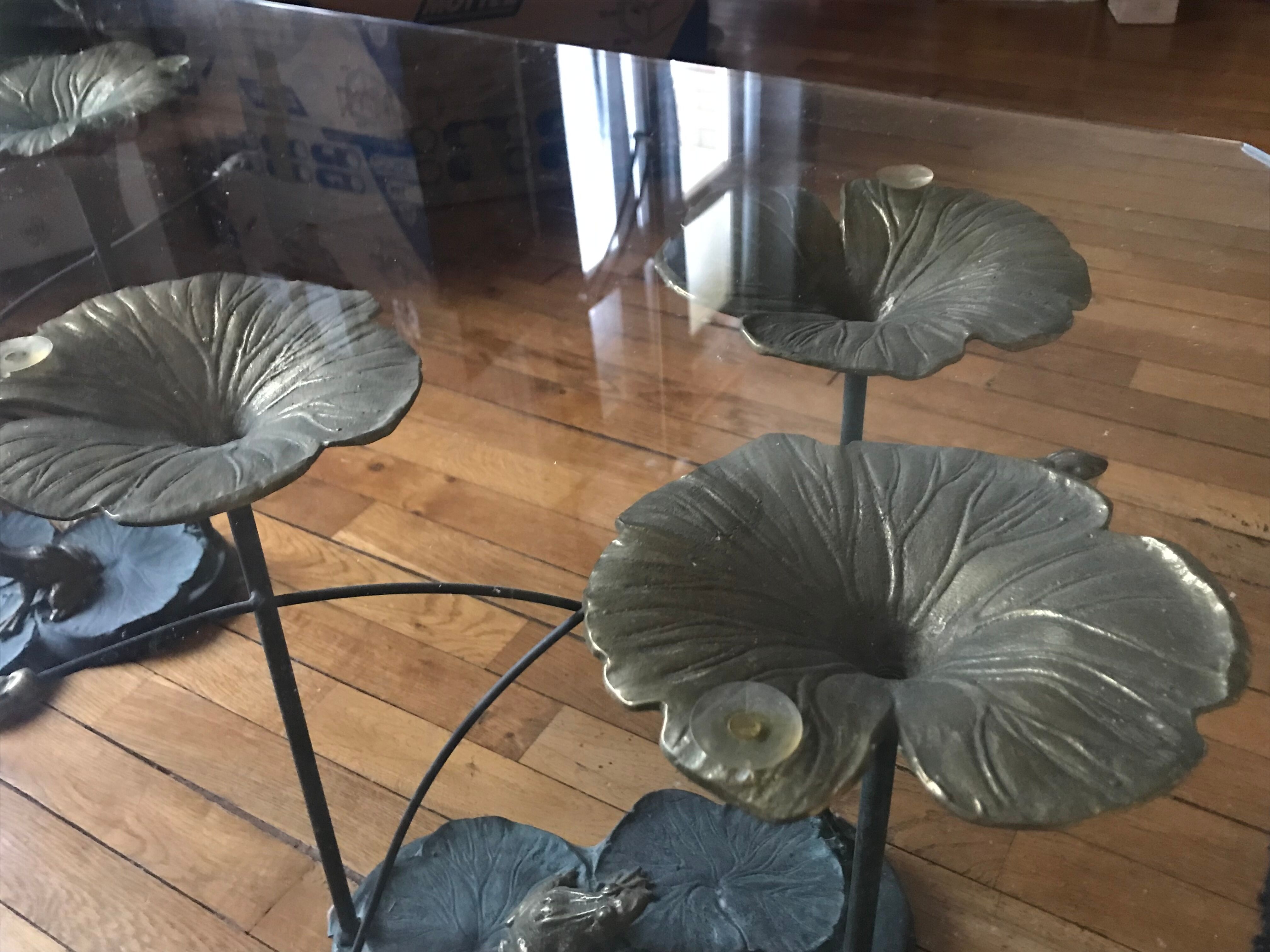Glass and forged metal coffee table, frog and neuphar décor