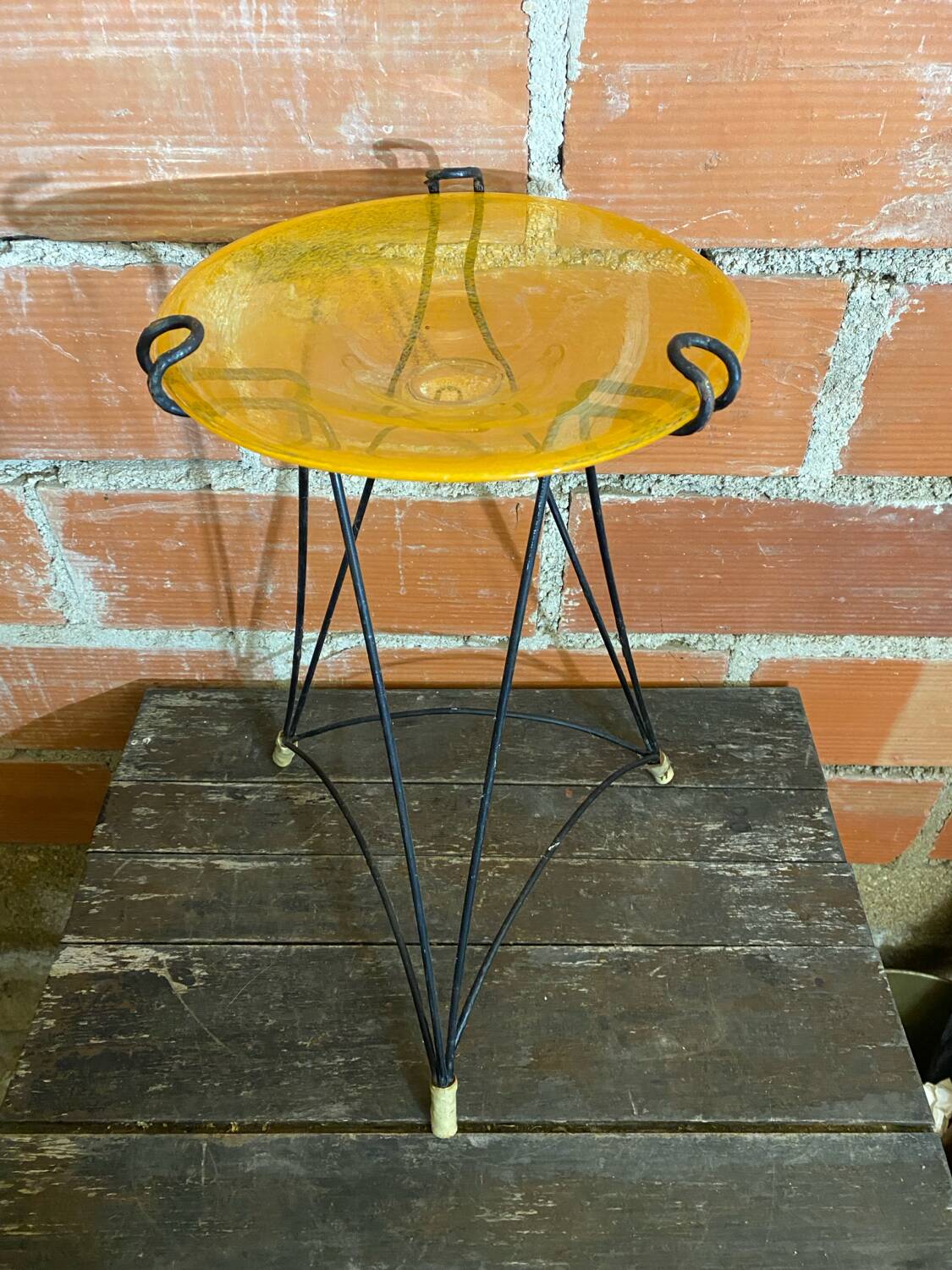 Antique Tripod Side Table Black Metal & Yellow Glass Bowl Years