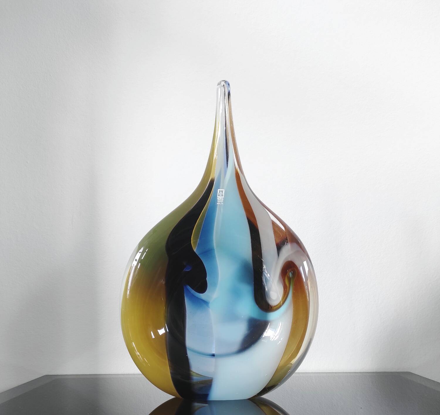 Large sculptural drop vase made of blown glass signed Mdina Glass Malta.
