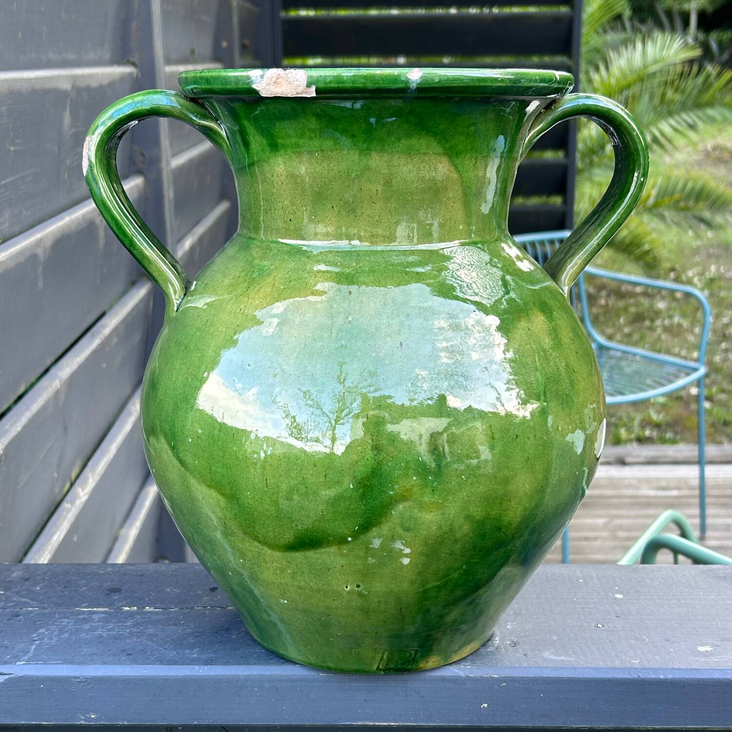 Large green enameled jar