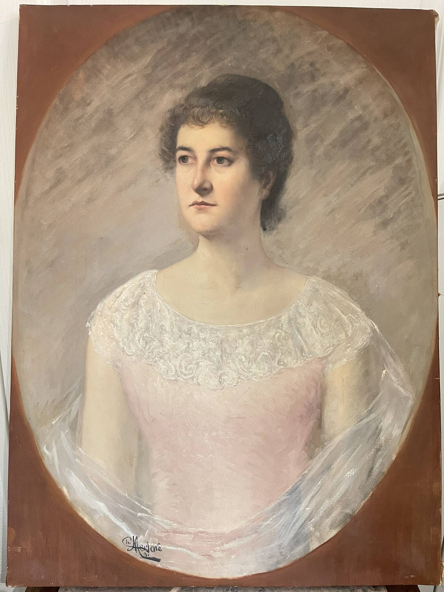 Tableau peinture huile toile portrait femme robe dentelle xixème 19ème merl