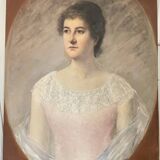 Tableau peinture huile toile portrait femme robe dentelle xixème 19ème merl