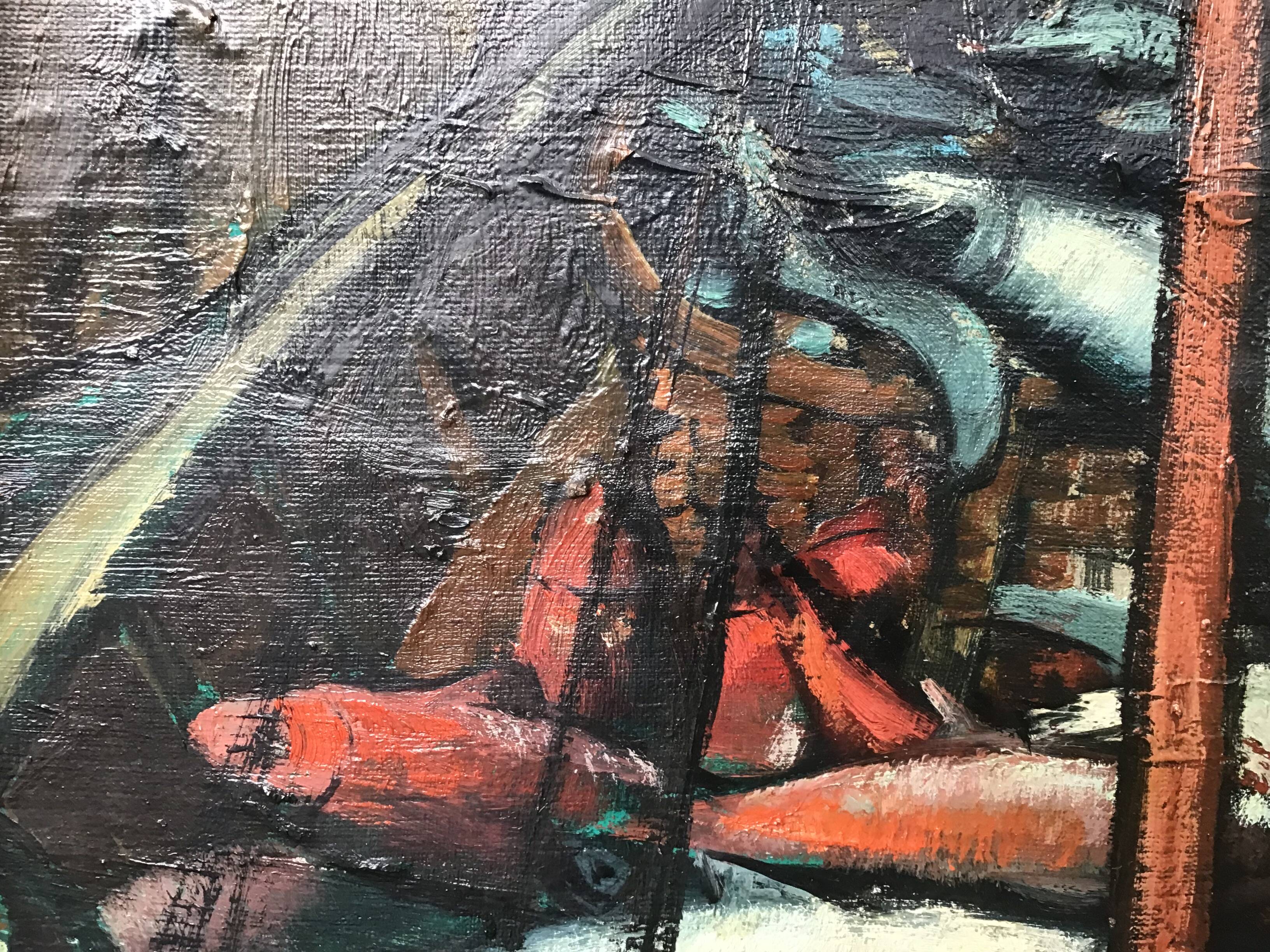 Oil on canvas - “The deck of the trawler returning from fishing” by Lucien Staquet (1911-1989)