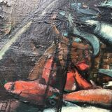 Oil on canvas - “The deck of the trawler returning from fishing” by Lucien Staquet (1911-1989)