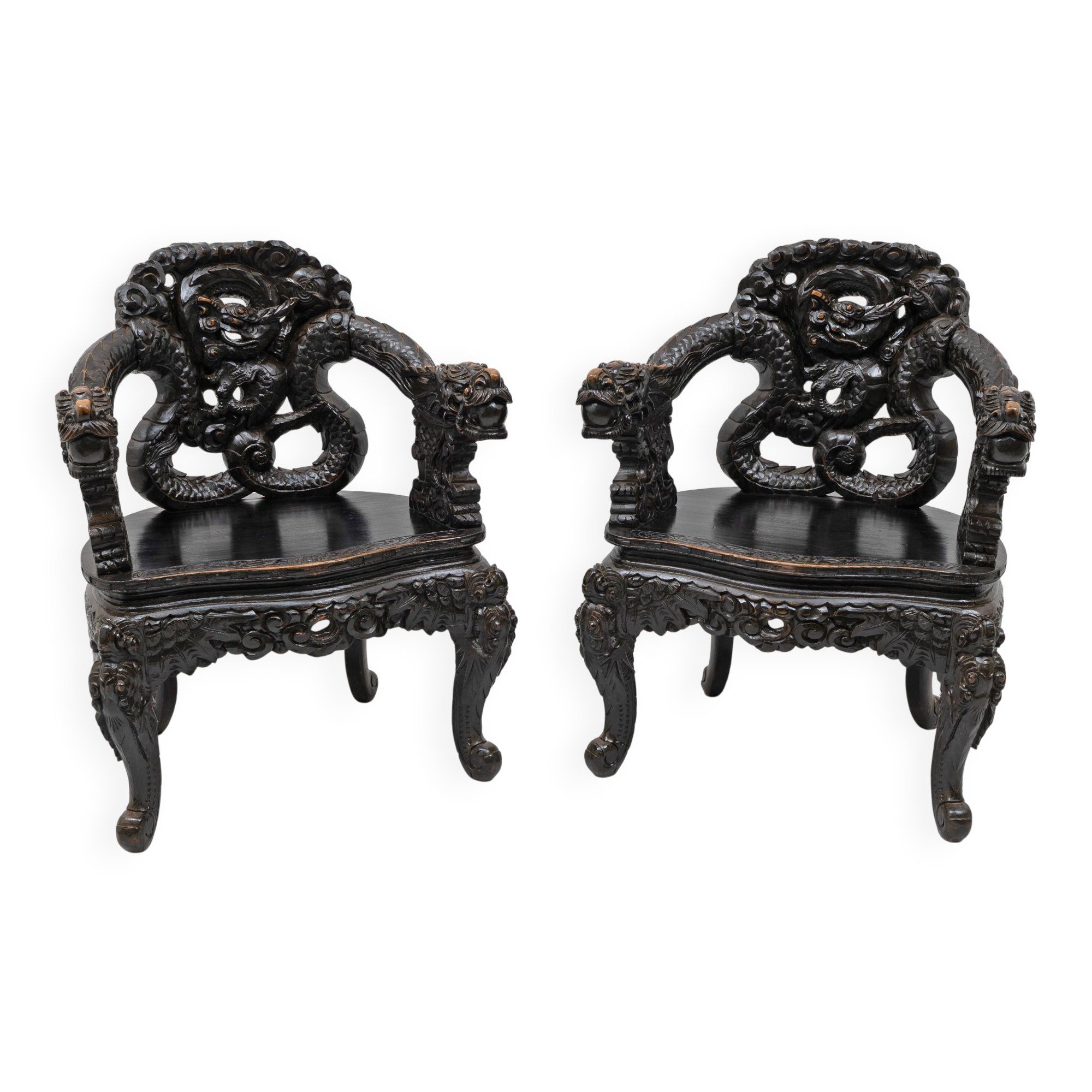 Pair of Chinese Qing Dynasty Carved Dragon Armchairs,Ebonized Hardwood,19th