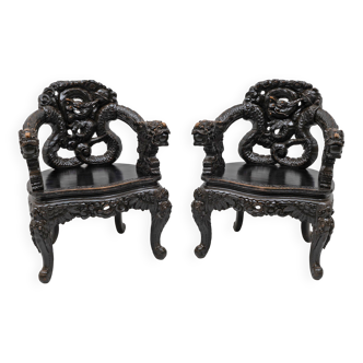 Pair of Chinese Qing Dynasty Carved Dragon Armchairs,Ebonized Hardwood,19th